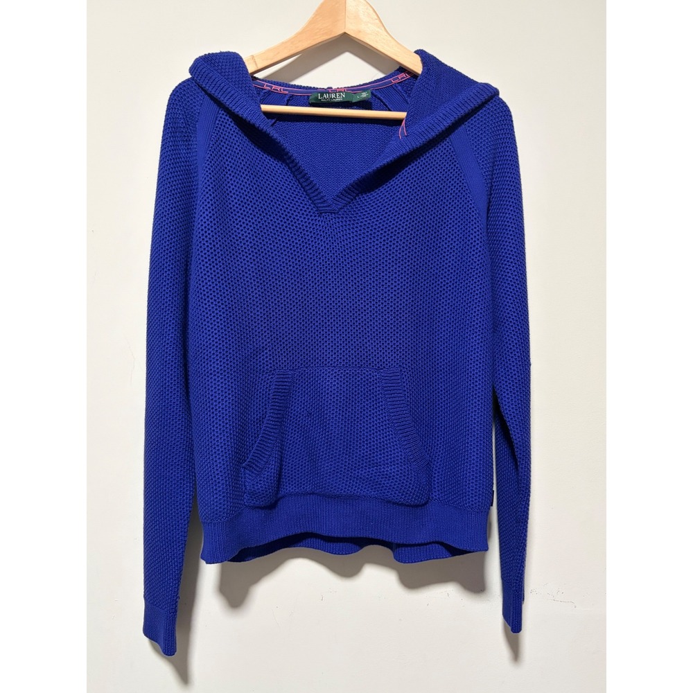 Lauren Ralph Lauren Royal Blue Cotton Knit Hoodie Sweater Kangaroo Pocket Large